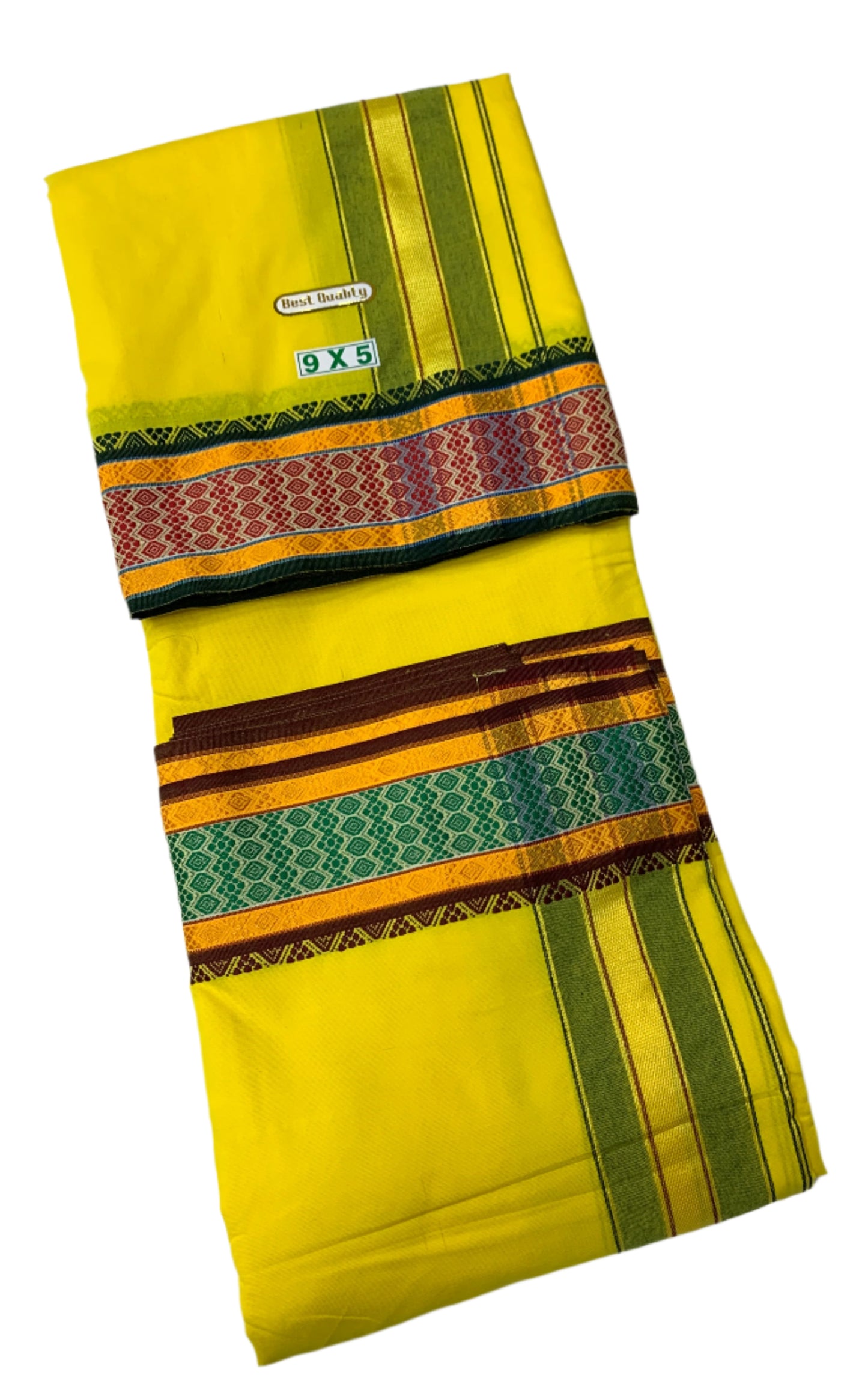 9X5 Cotton Dhoti Yellow Maroon and Rama Green Border with Angavastram