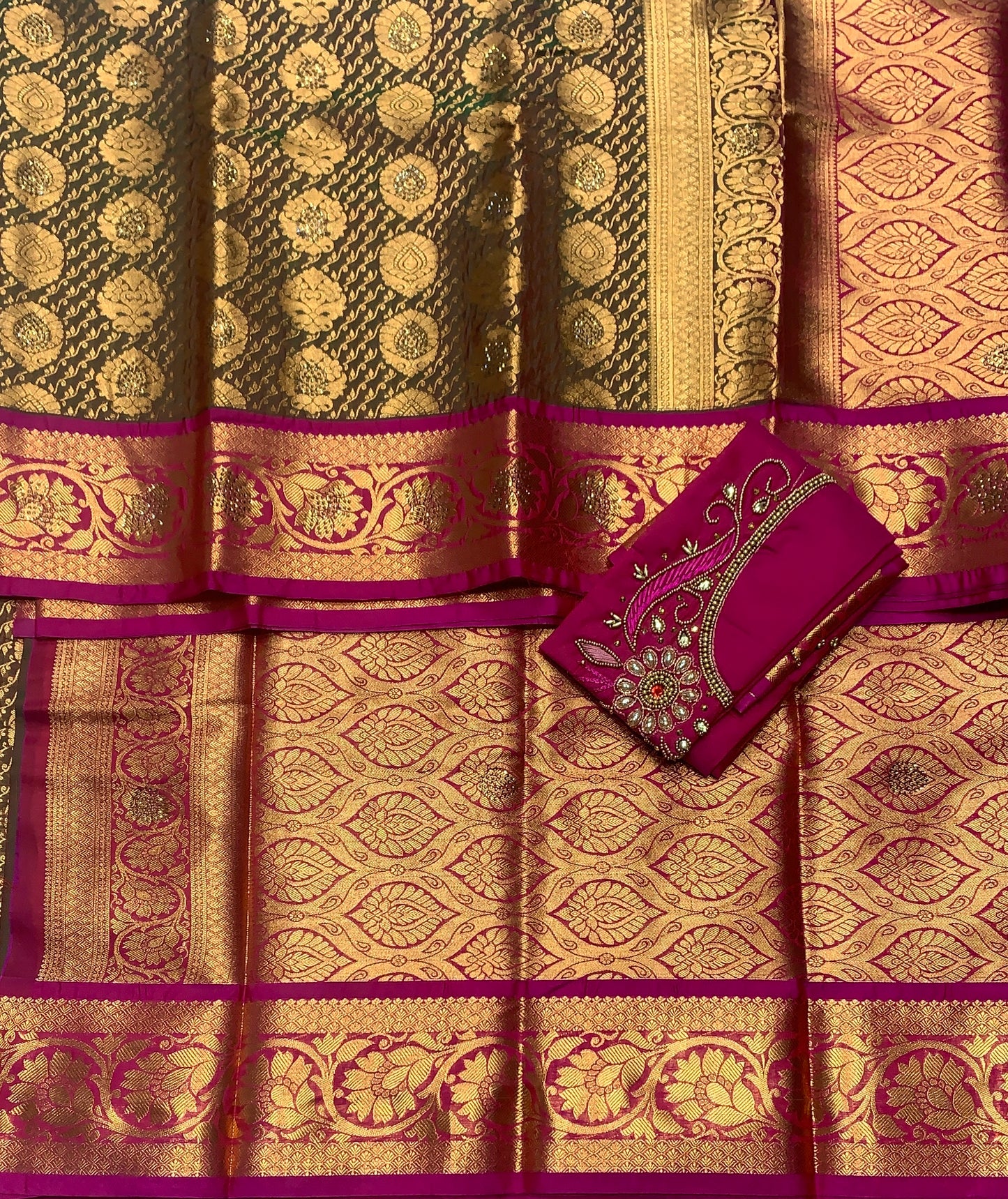 Bridal Vegan Silk Saree Olive Green shade with Pink Border with Unstitched blouse in Aari Work