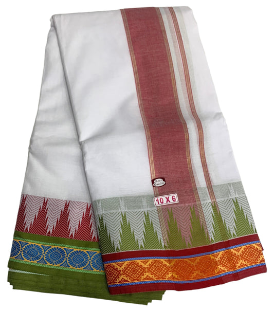 10X6 Cotton Dhoti White Colour with Green and Maroon Border