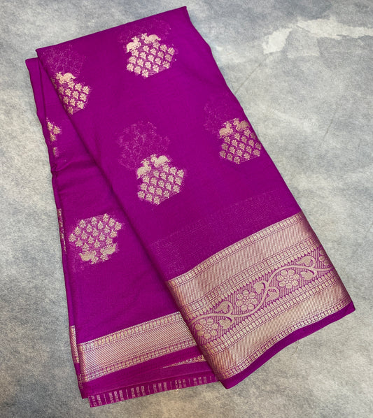 Crepe Saree Magenta Colour with Sliver Zari work Border