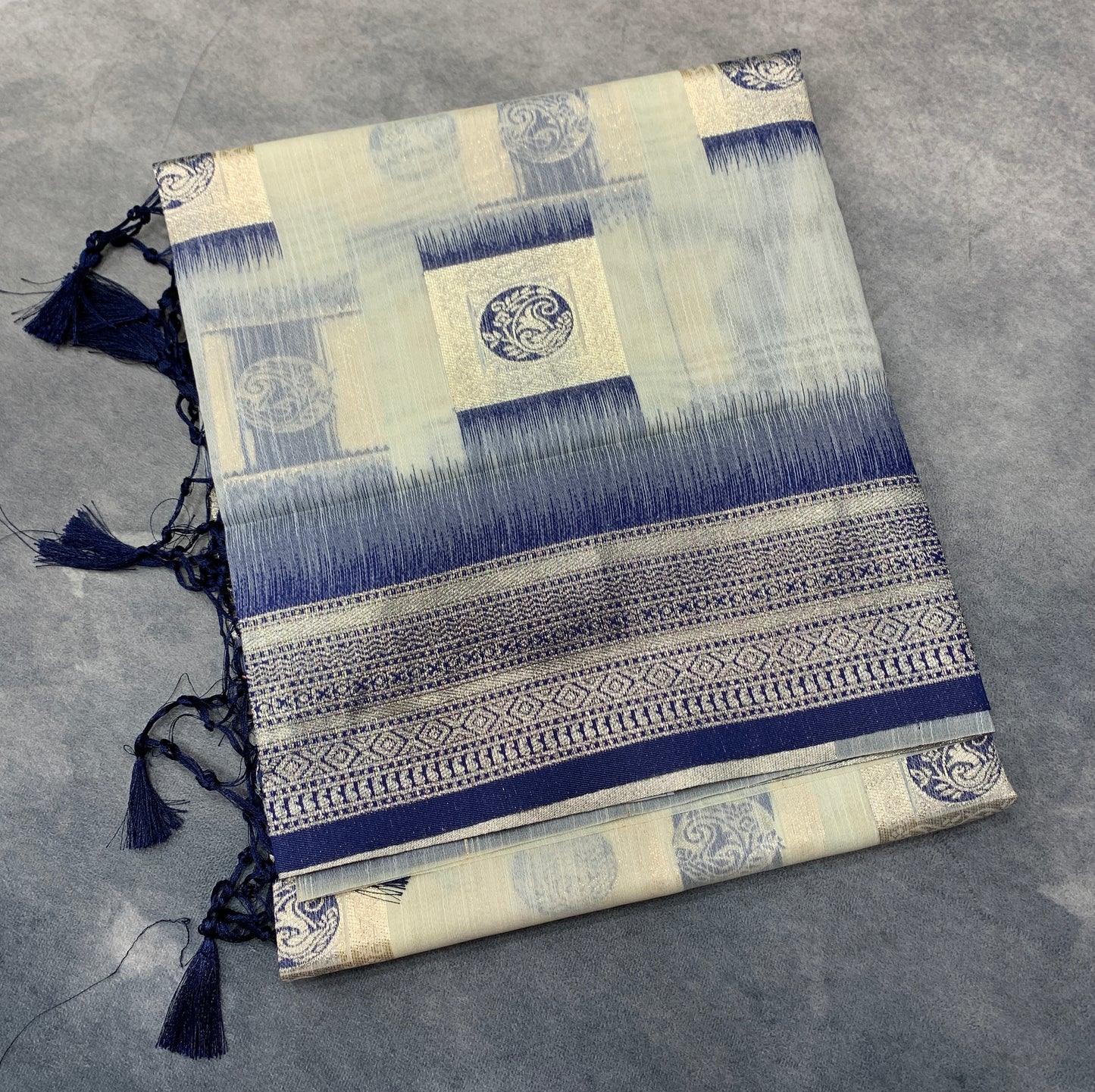 Banaras Katan Saree Off White Colour with Blue Katan Work Border