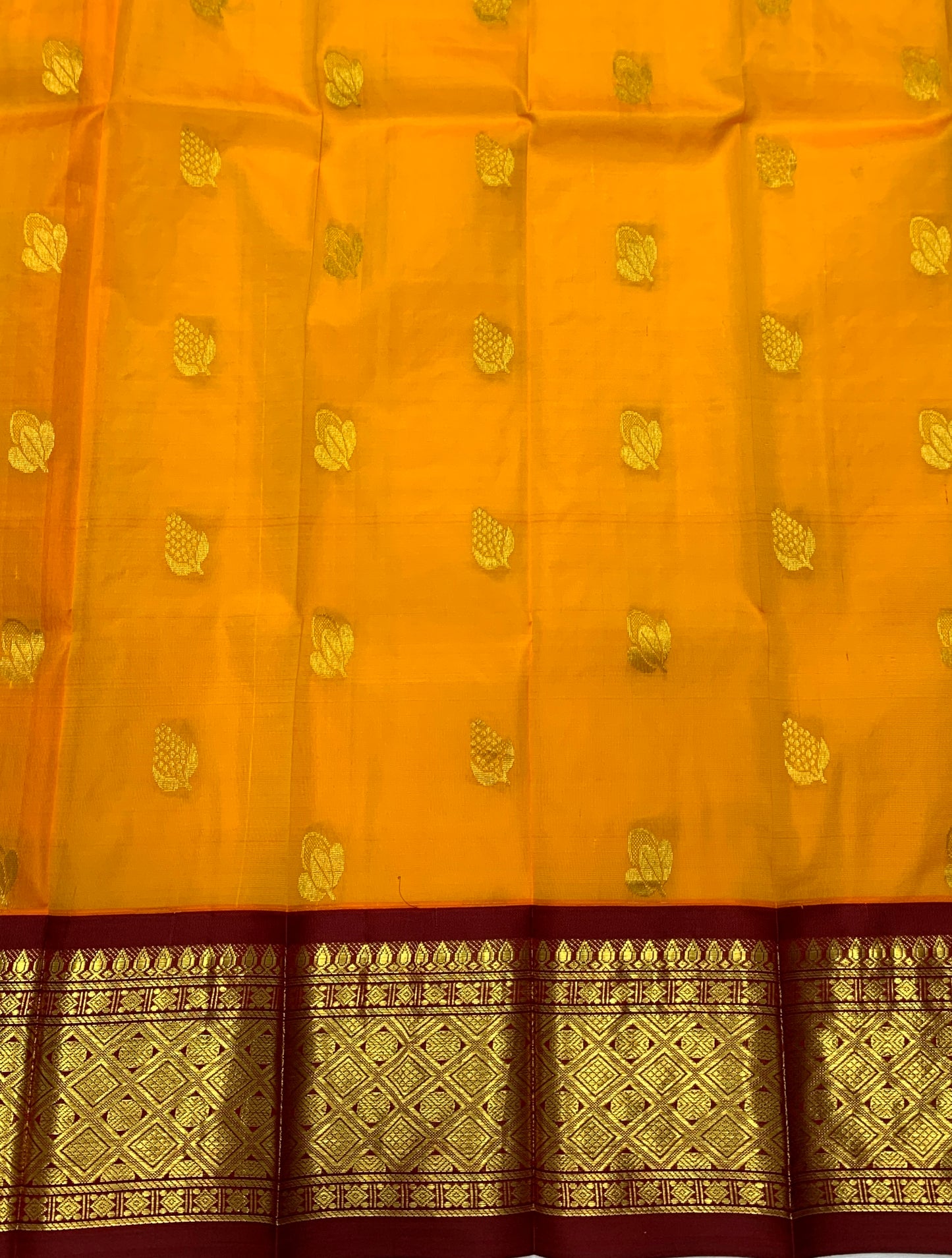 Pure Kanchipuram Silk Saree Mango Yellow Colour with Maroon and Gold Zari Border