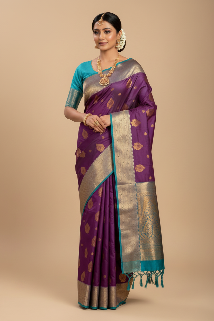 Soft Silk Casual Saree Magenta Colour with Rama Green and Golden Colour Border