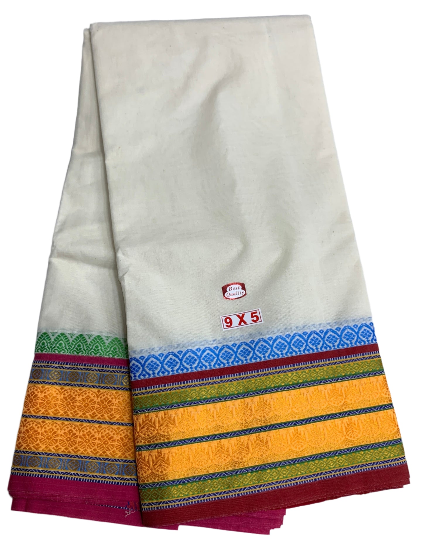 9X5 Cotton Unbleached Dhoti Multi Colour Border with Angavastram