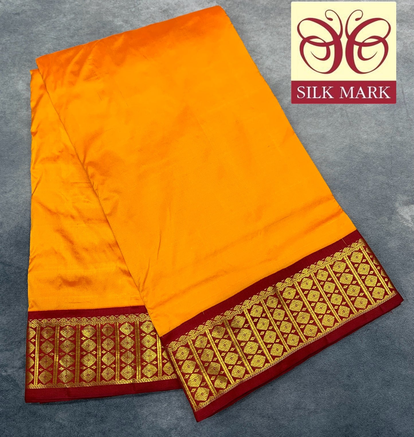9 yards Pure Kanchipuram Silk Saree Mango Yellow Colour with Maroon and Golden Zari Border