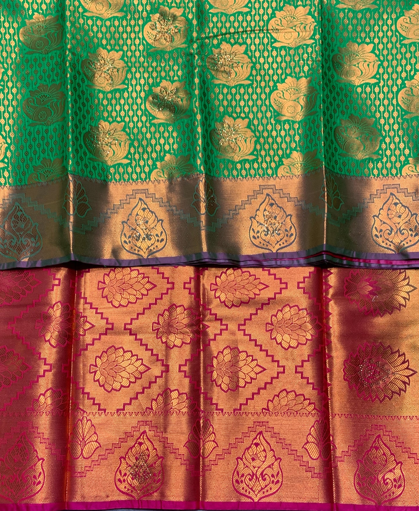 Vegan Silk Saree Light Green Colour with Copper and Magenta Border