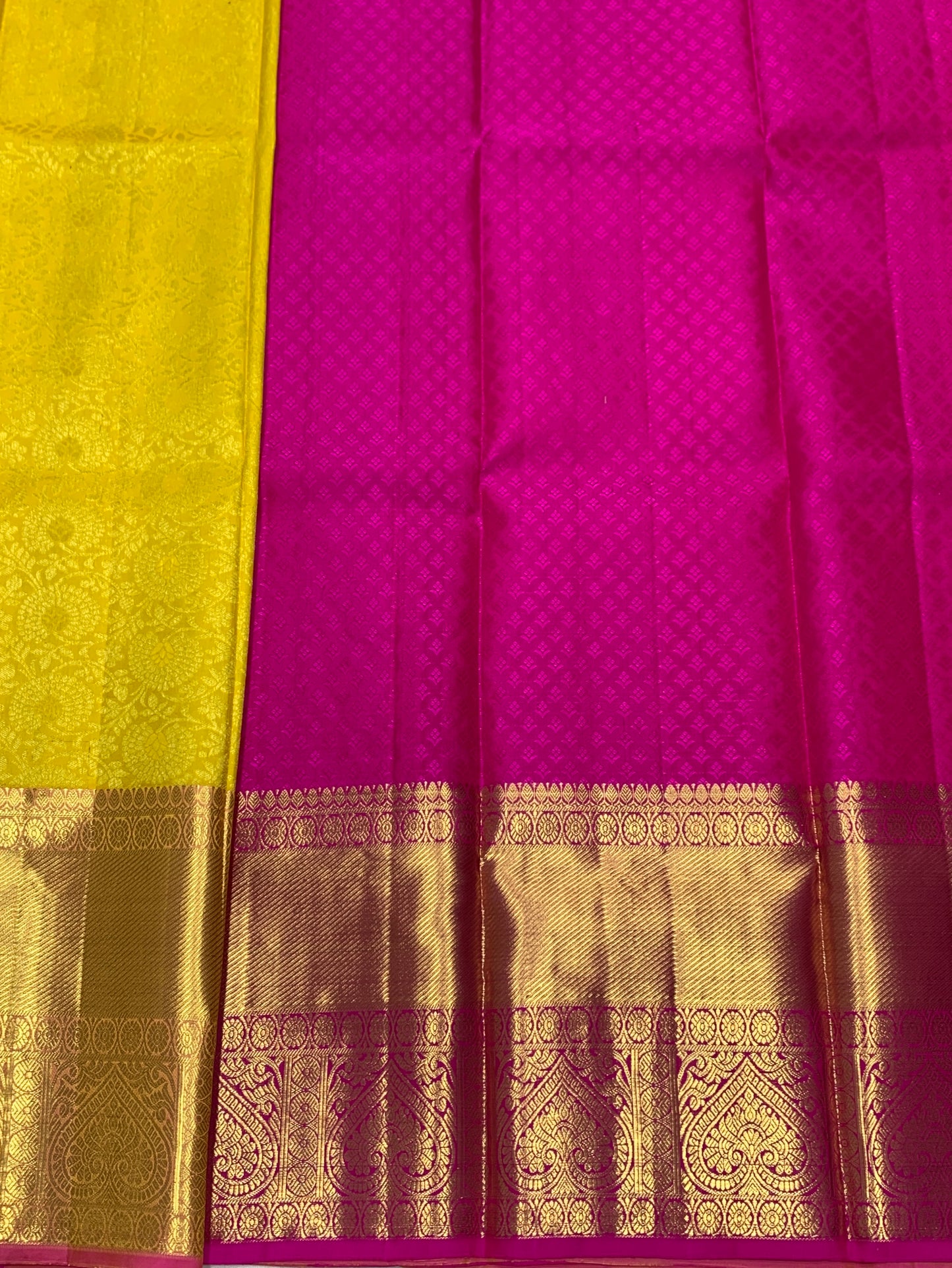 Yellow Shade Pure Kanchipuram Kids Pattu Pavadai with Contrast Border for age 5 to 10