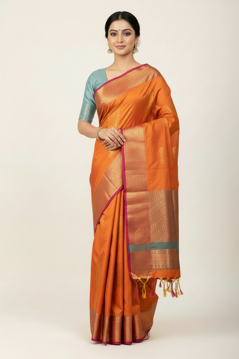 Soft Vegan Silk Saree Russet Orange Colour with Magenta and Copper Border