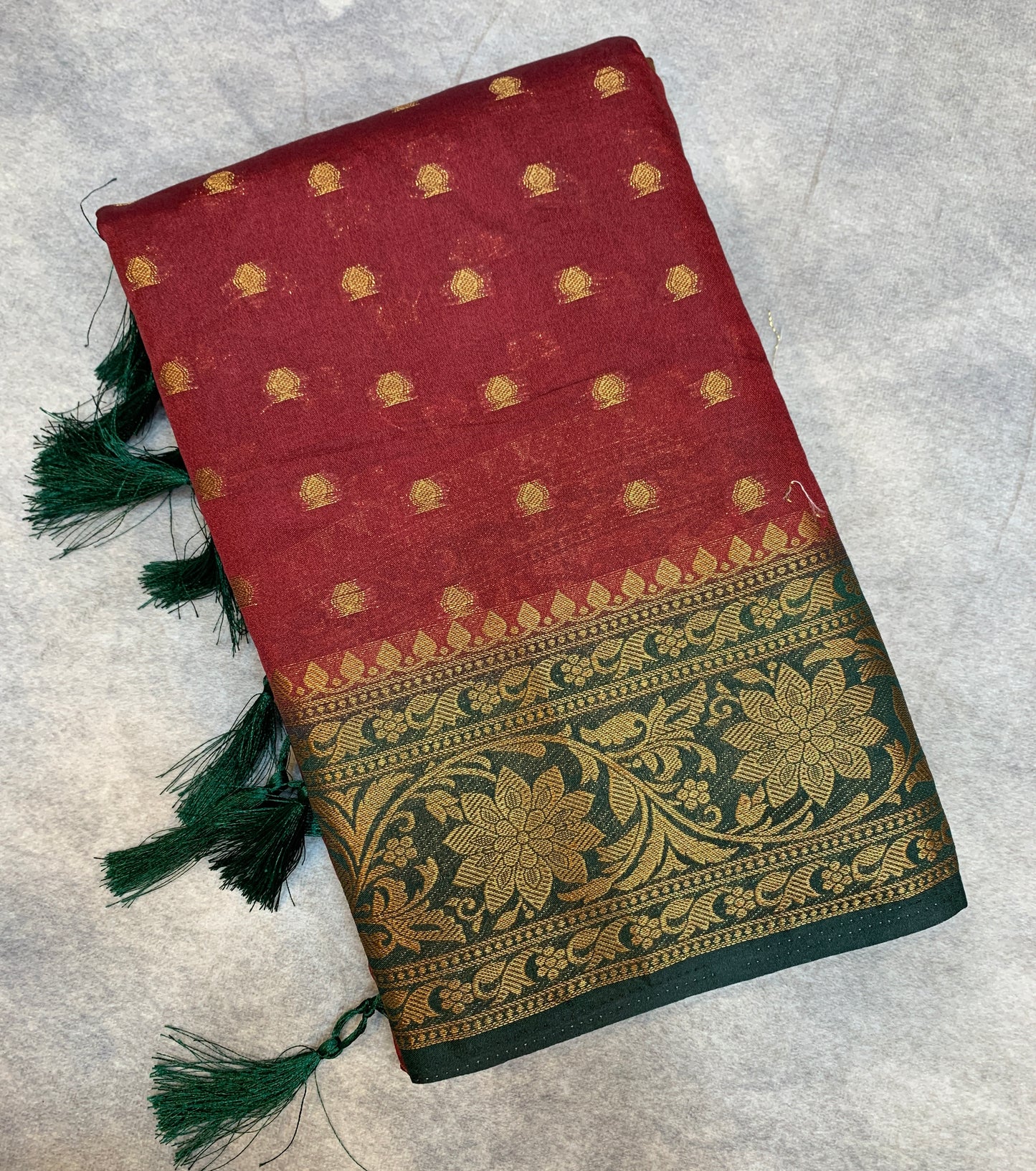 Crepe Saree Maroon Colour with Green Border