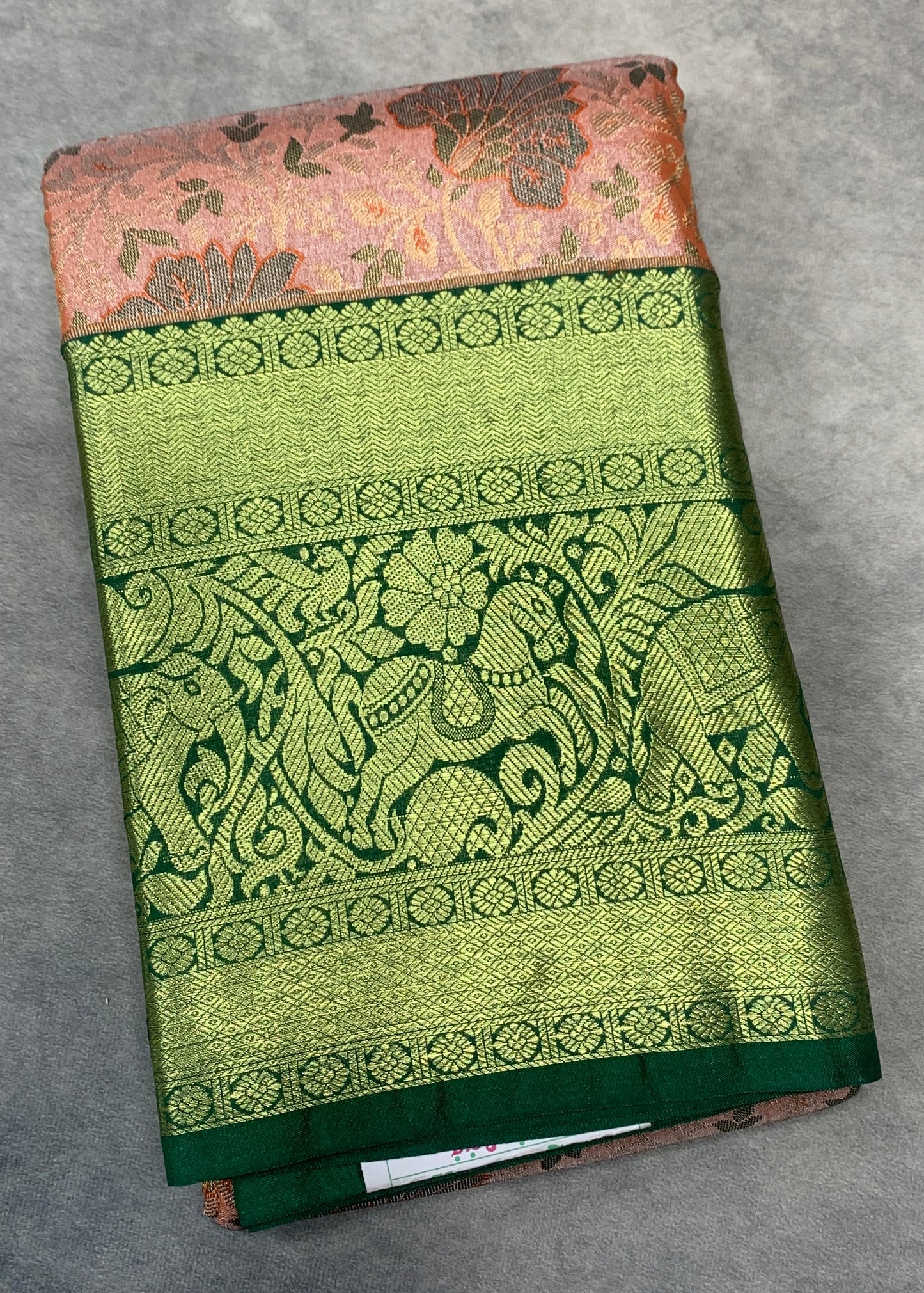 Light Orange Colour Soft kanchi pattu with Green Border