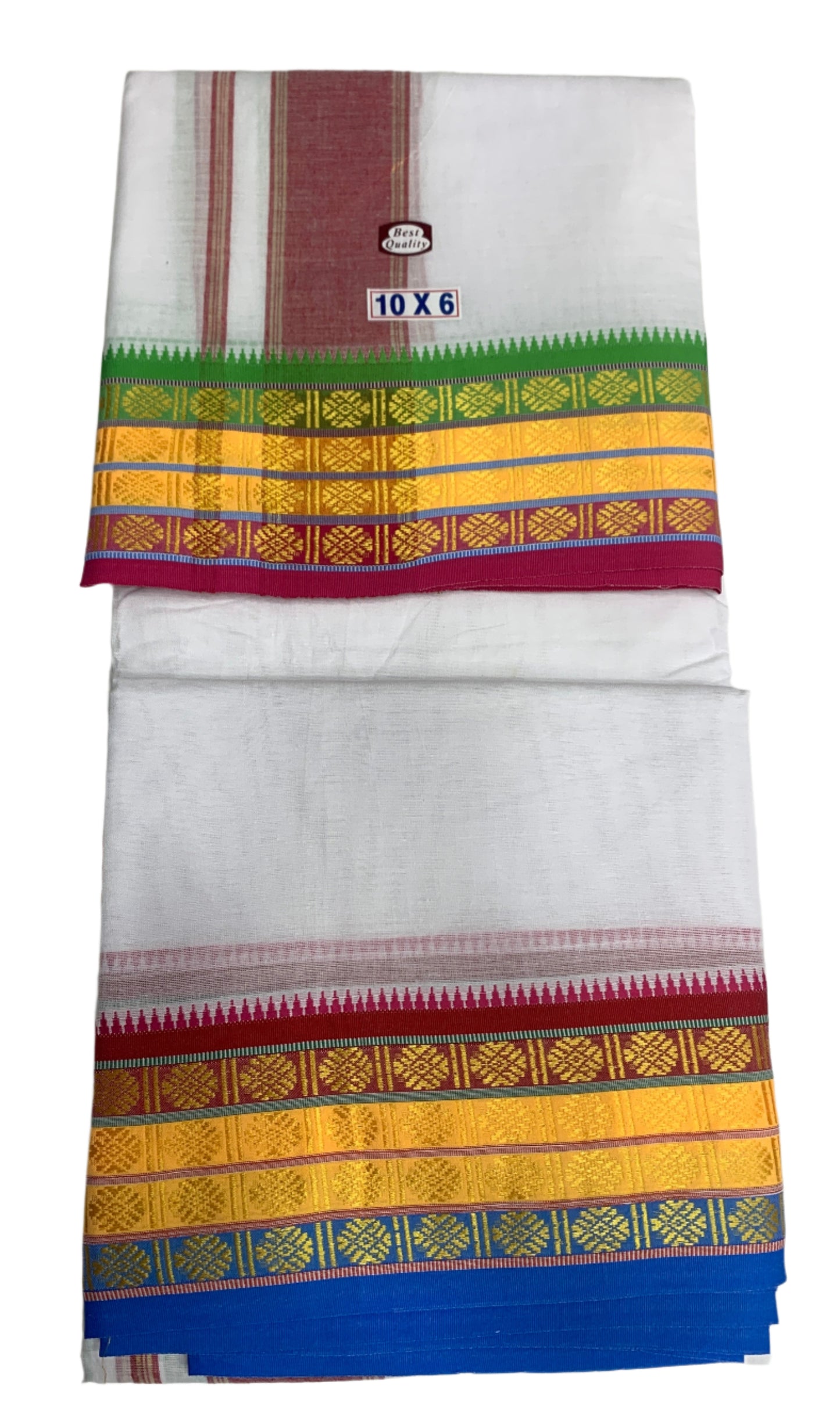 10X6 Cotton Dhoti White Colour with Yellow and Light Green,Pink Border