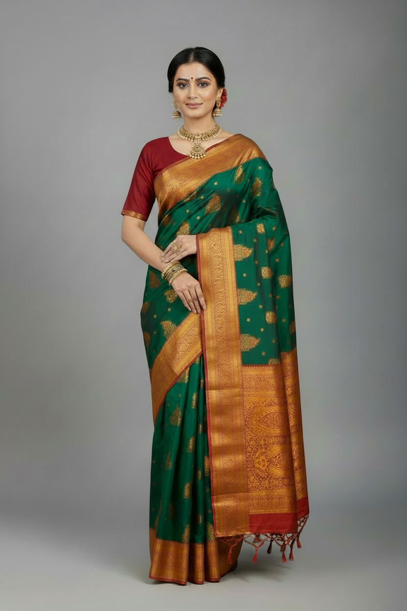 Soft Silk Casual Saree Green Colour with Maroon and Golden Colour Border