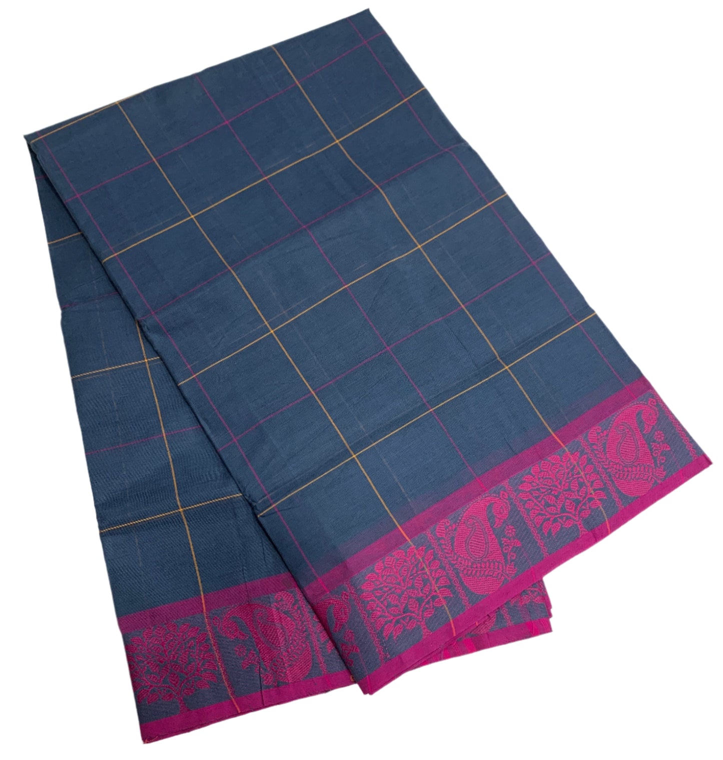 Chettinad Cotton Saree Navy Blue Colour with Pink Border