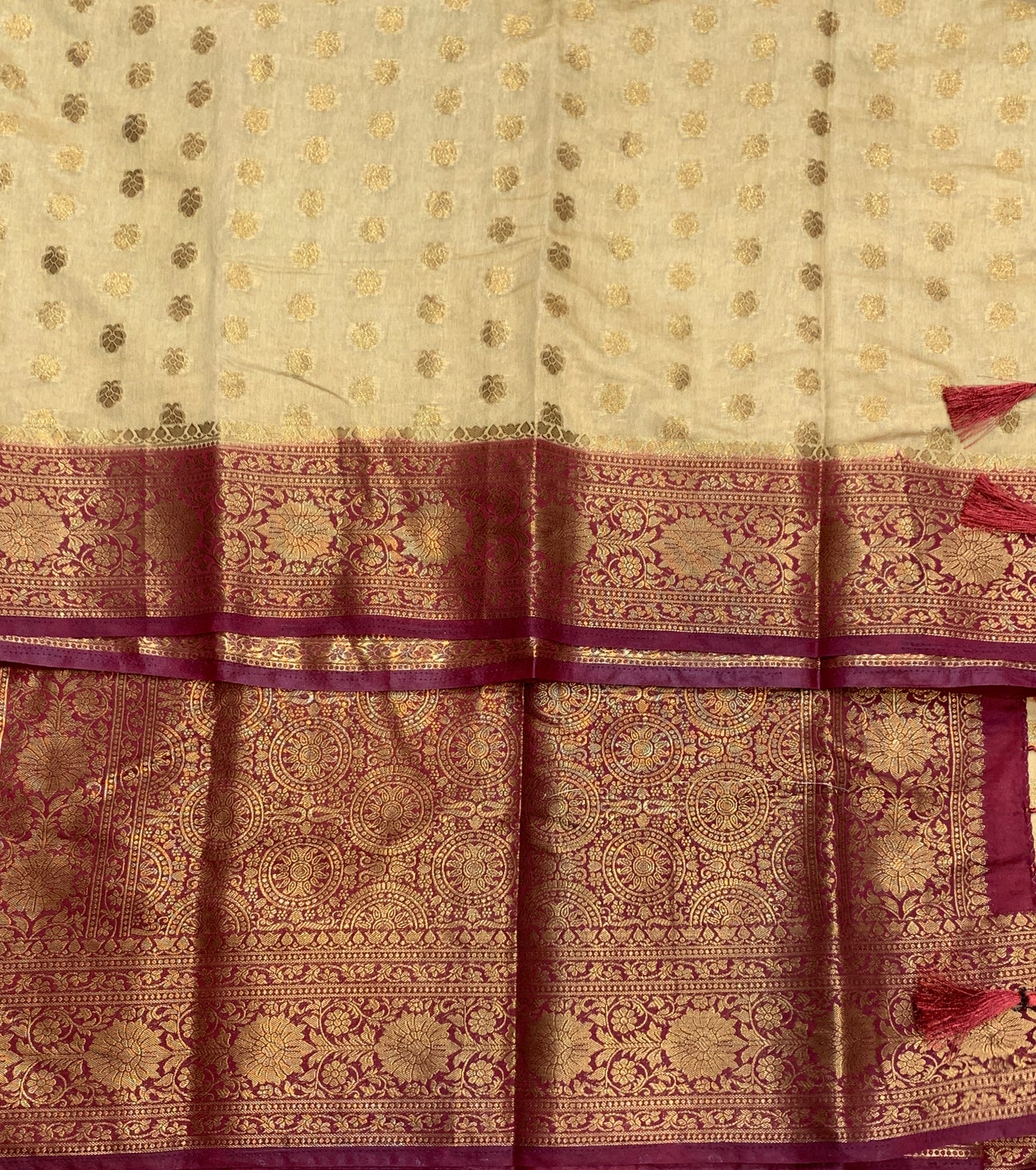 Crepe Saree Sandal Colour with Maroon Border