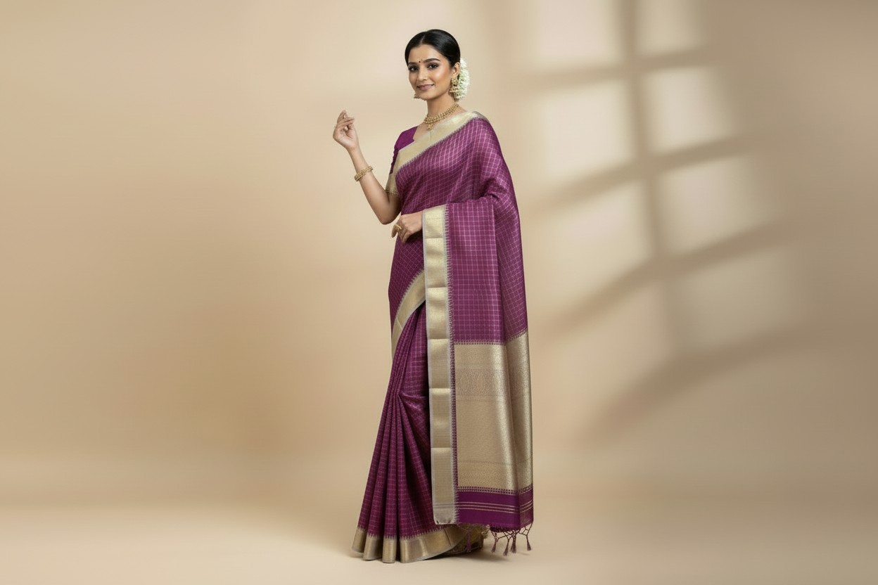 Pure Kanchipuram Silk Magenta Colour with Tussar and Golden Zari Border