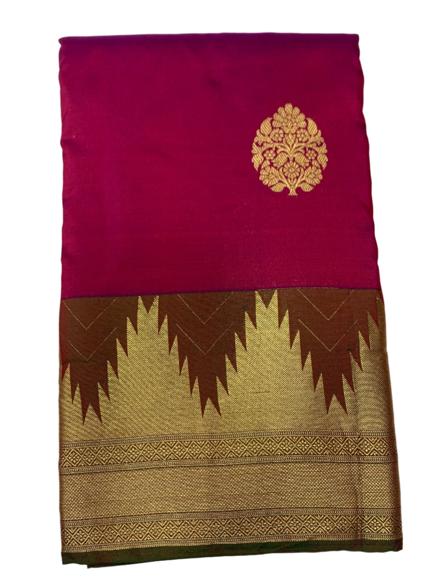 Pure kanchivaram Silk Saree Pink Colour with Dark Green with Gopuram Design Border