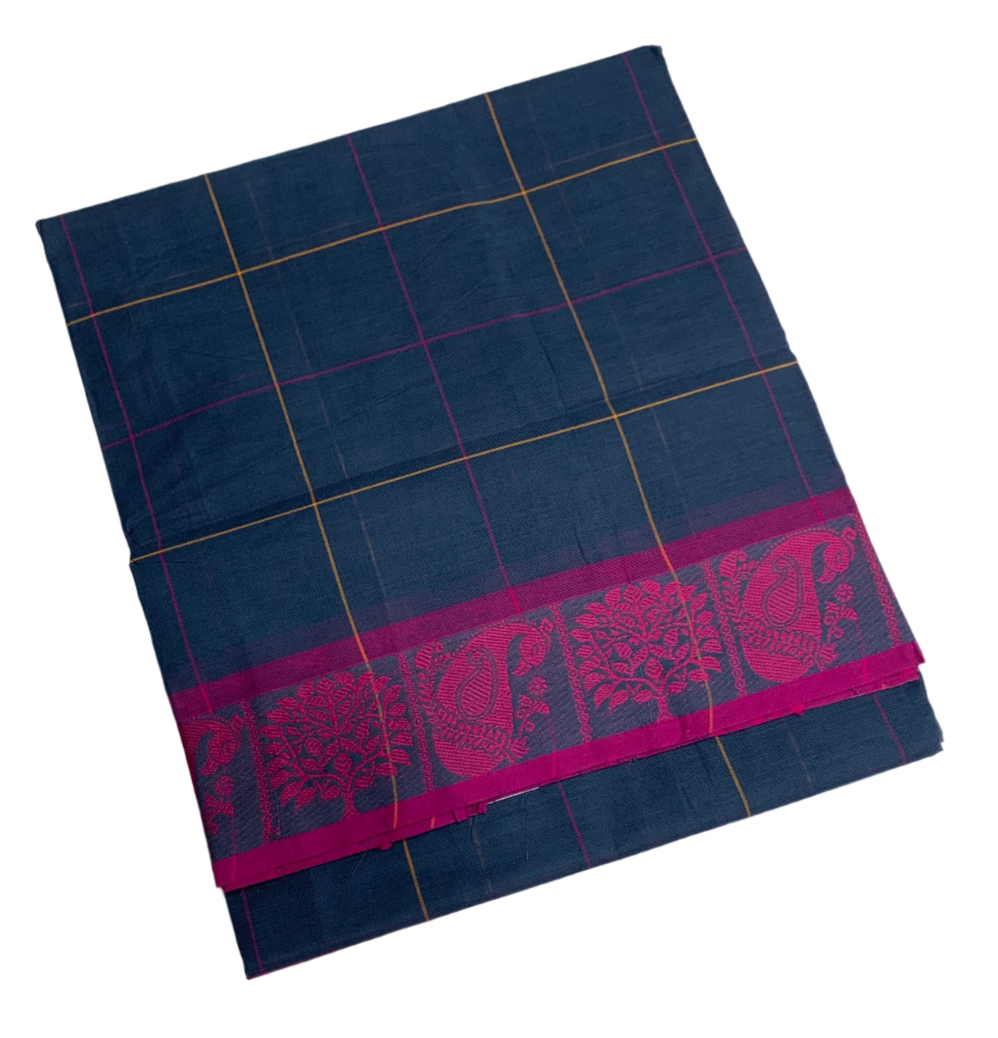 Chettinad Cotton Saree Navy Blue Colour with Pink Border