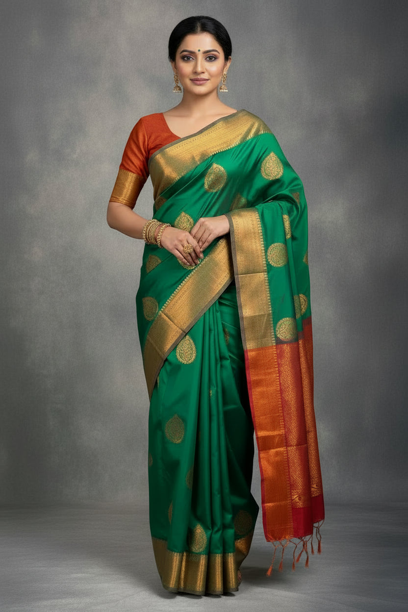 Soft Vegan Silk Saree Green Colour with Maroon and Copper Border