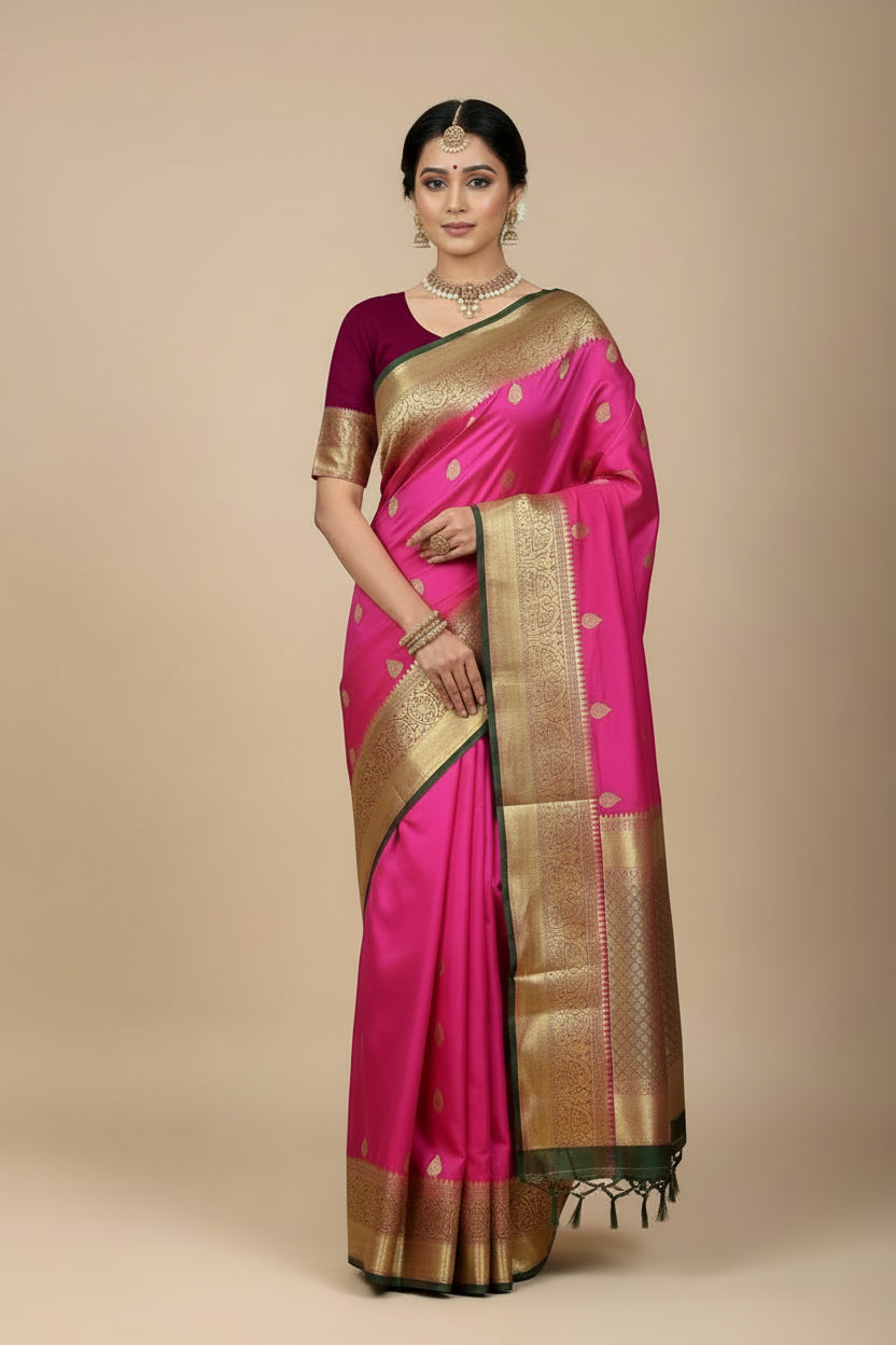 Pure Kanchipuram Silk Pink Colour with Magenta and Golden Zari Border