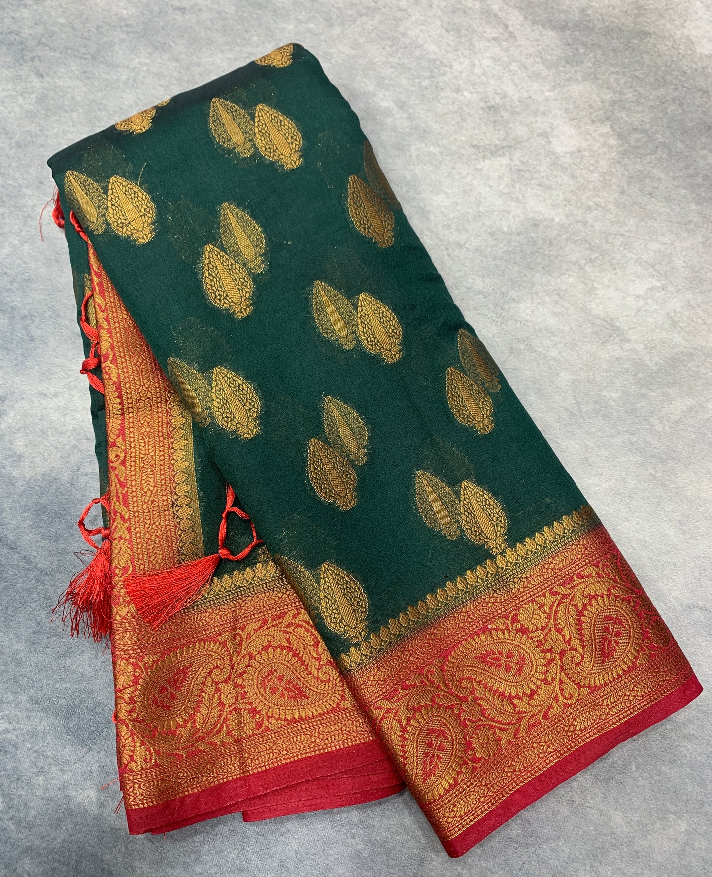 Crepe Saree Green Colour with Maroon Border