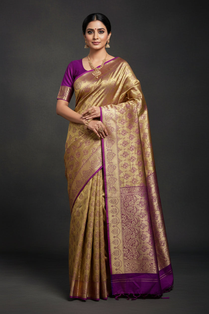 Vegan Silk Saree Golden Yellow Colour with Pink and Copper Border