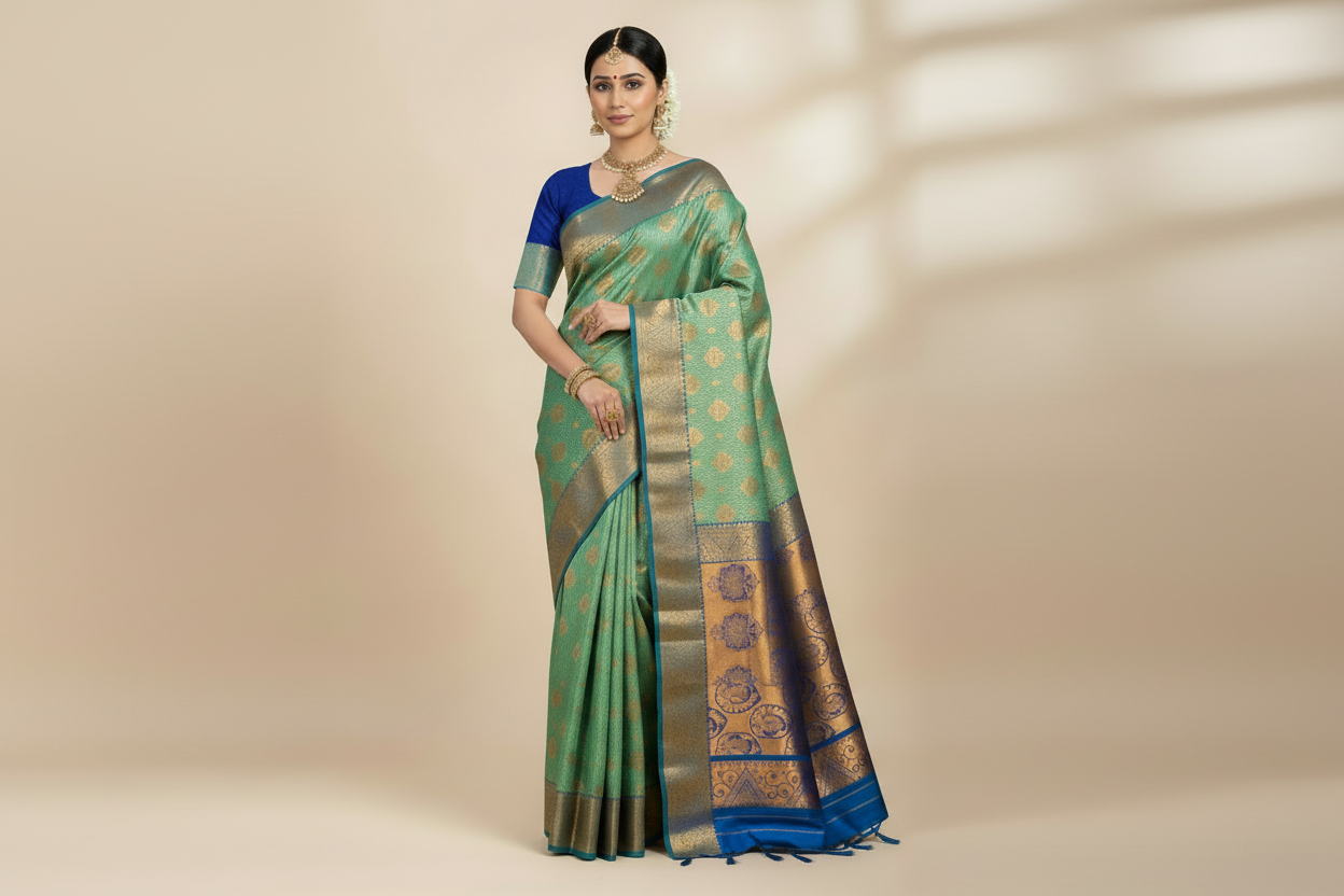 Vegan Silk Saree Sapphire Colour with Copper and Blue Border