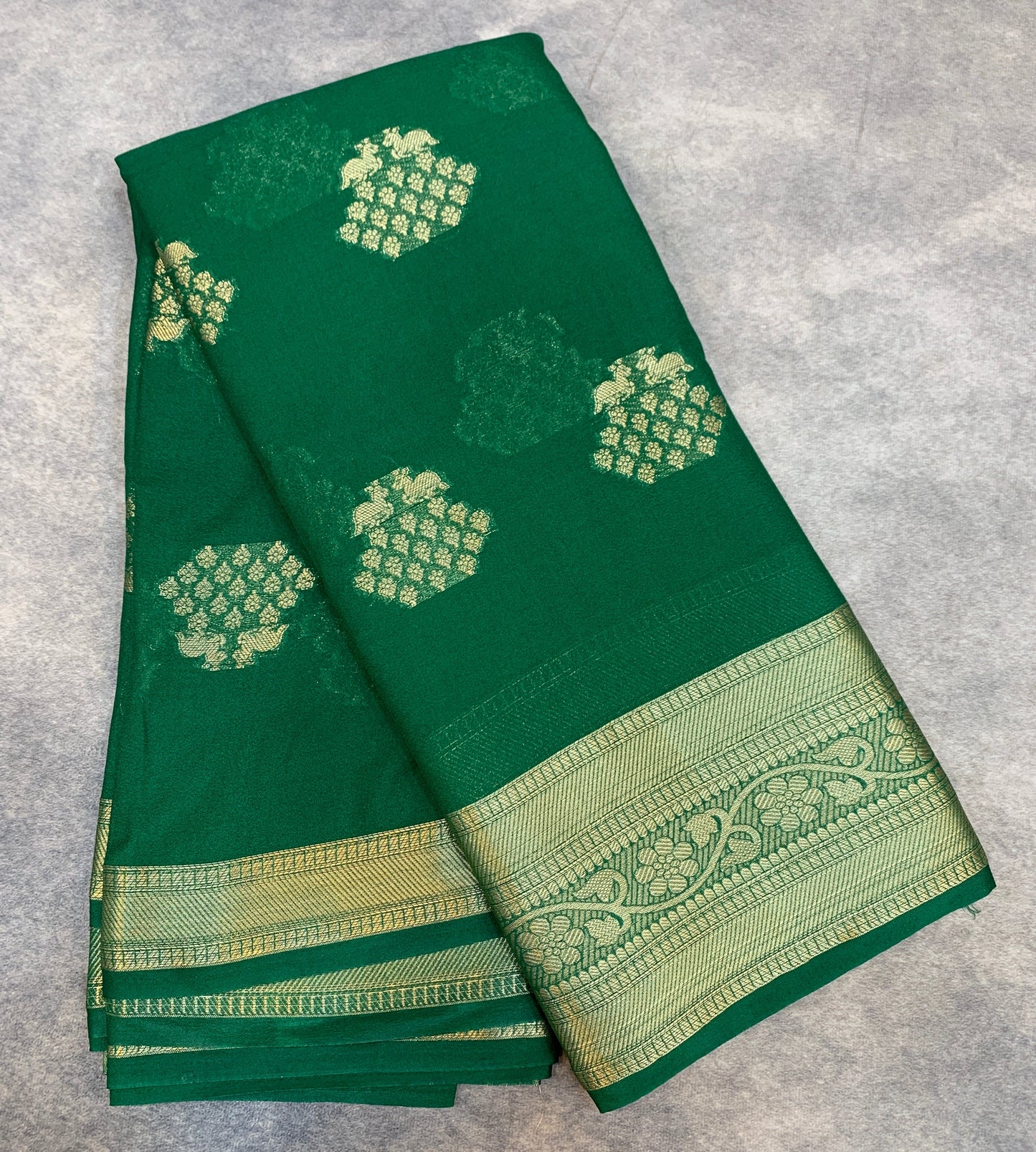 Crepe Saree Green Colour with Sliver Zari work Border