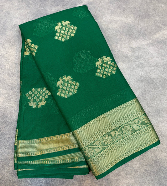 Crepe Saree Green Colour with Sliver Zari work Border