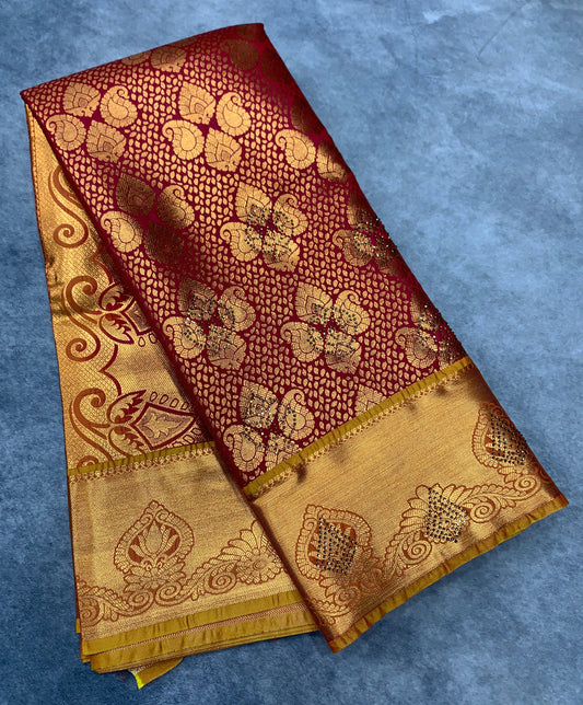 Vegan Silk Saree Maroon Colour with Copper and Golden Yellow Border