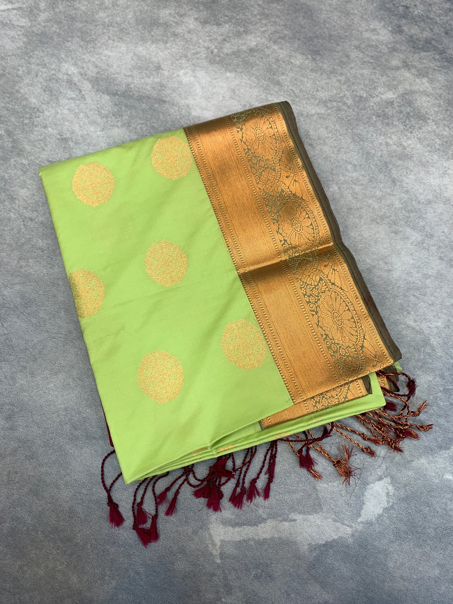 Soft Vegan Silk Saree Pista Green Colour with Copper Border