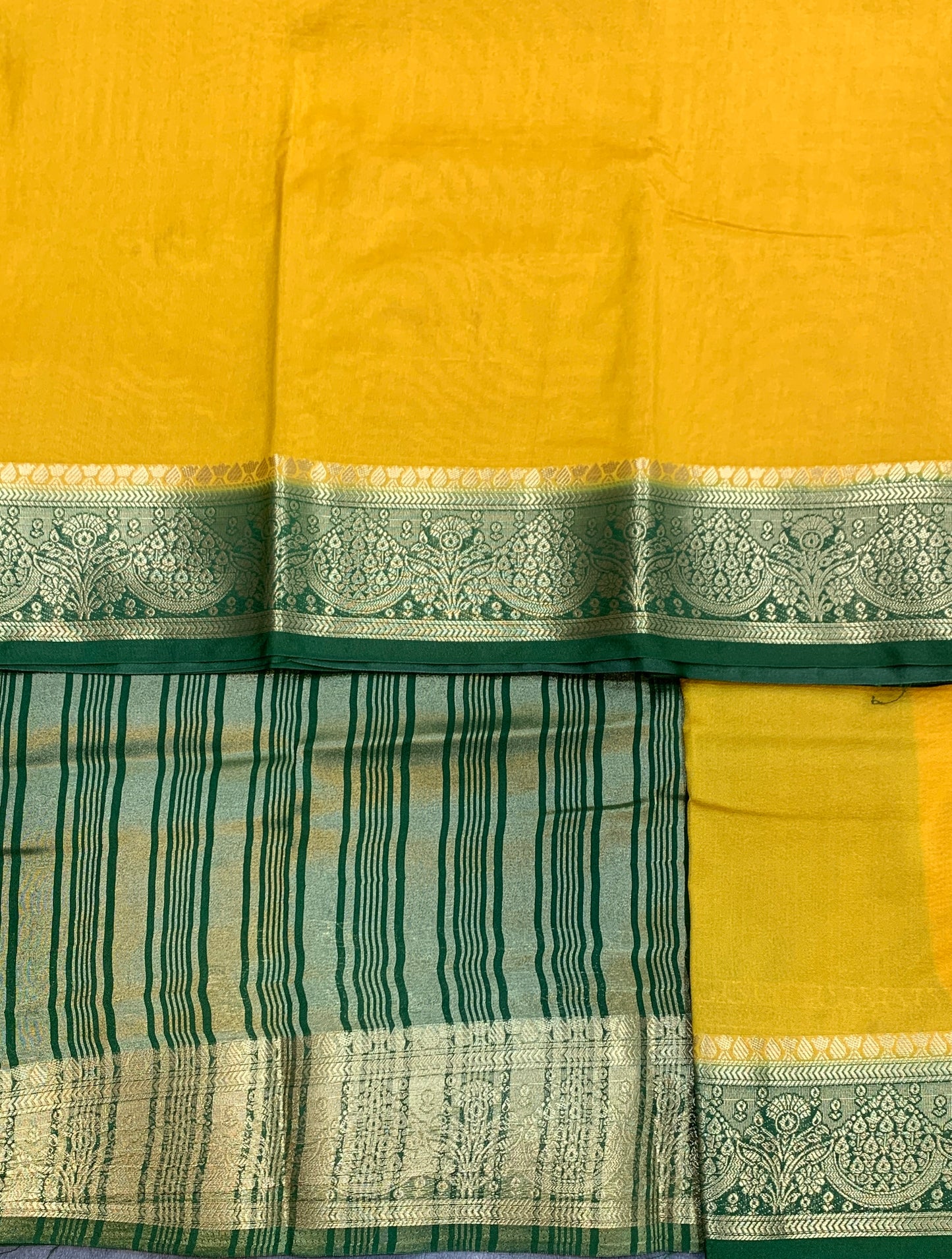 Crepe Saree Yellow Colour with Green Border