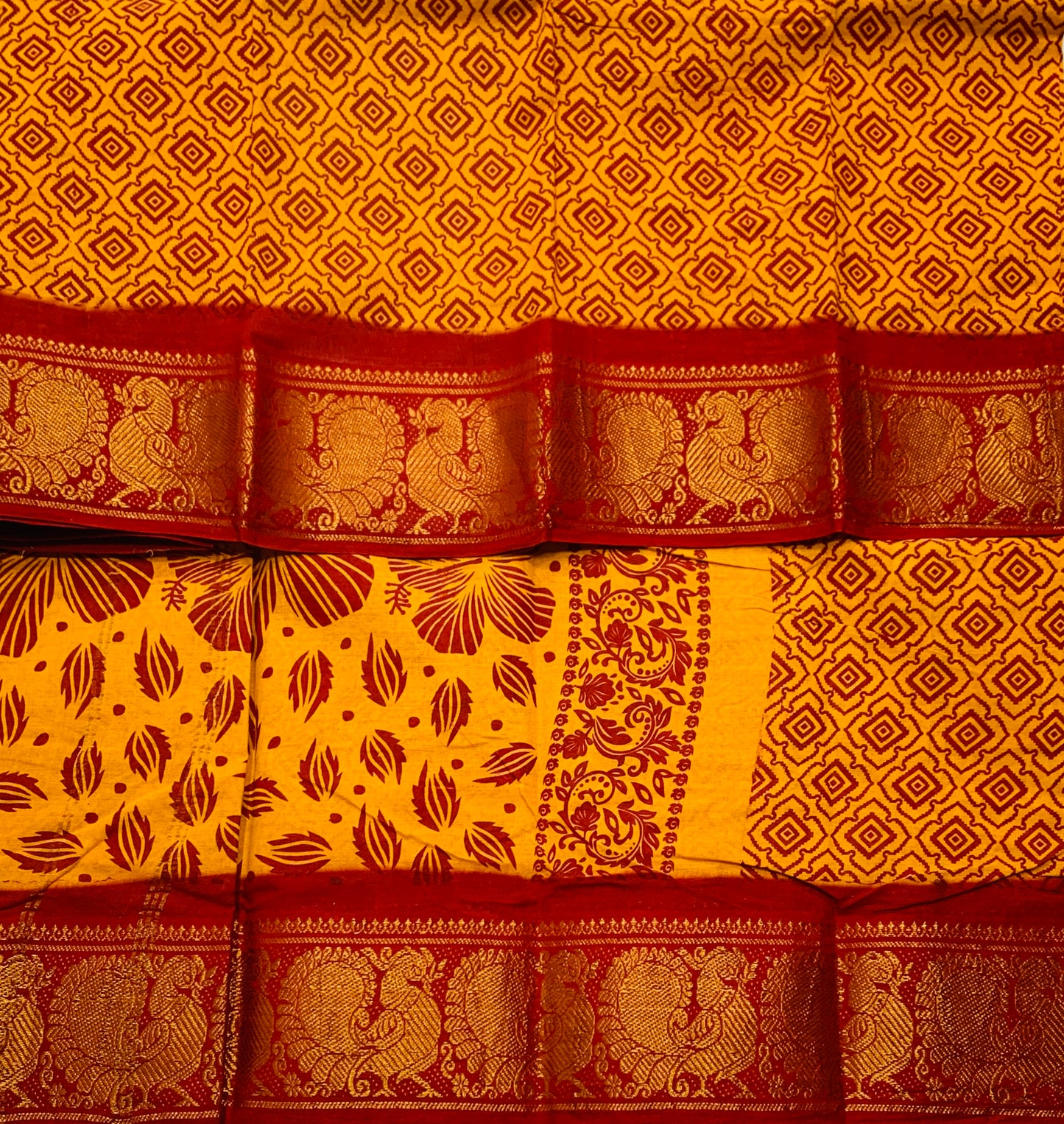 Chettinad Sungudi Cotton Mustard Colour with Maroon Border
