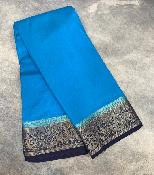 Crepe Saree Sky Blue Colour with Navy Blue Border