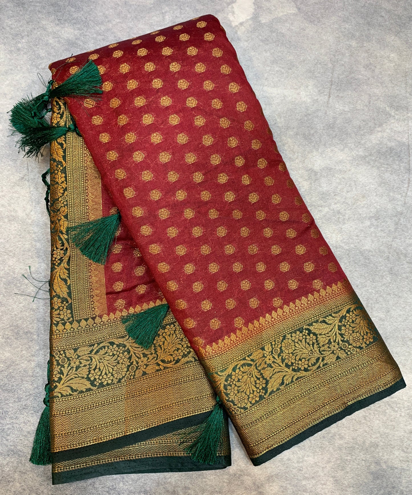 Crepe Saree Maroon Colour with Green Border