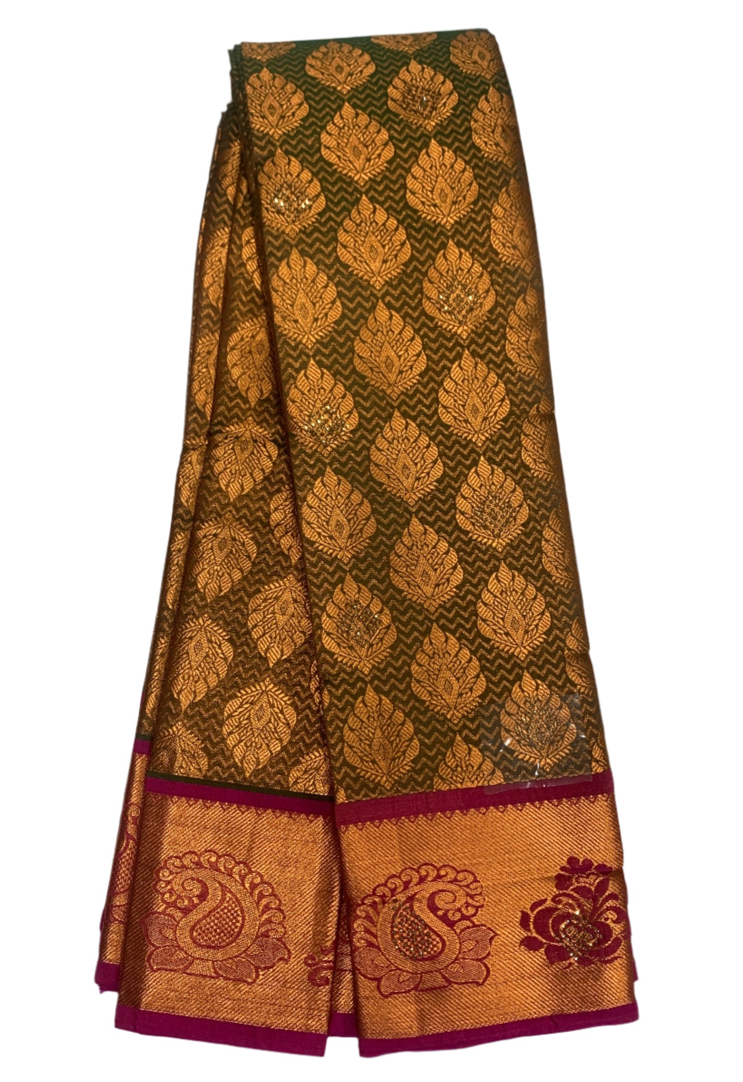 Vegan Silk Saree Olive Green Colour with Copper and Pink Border