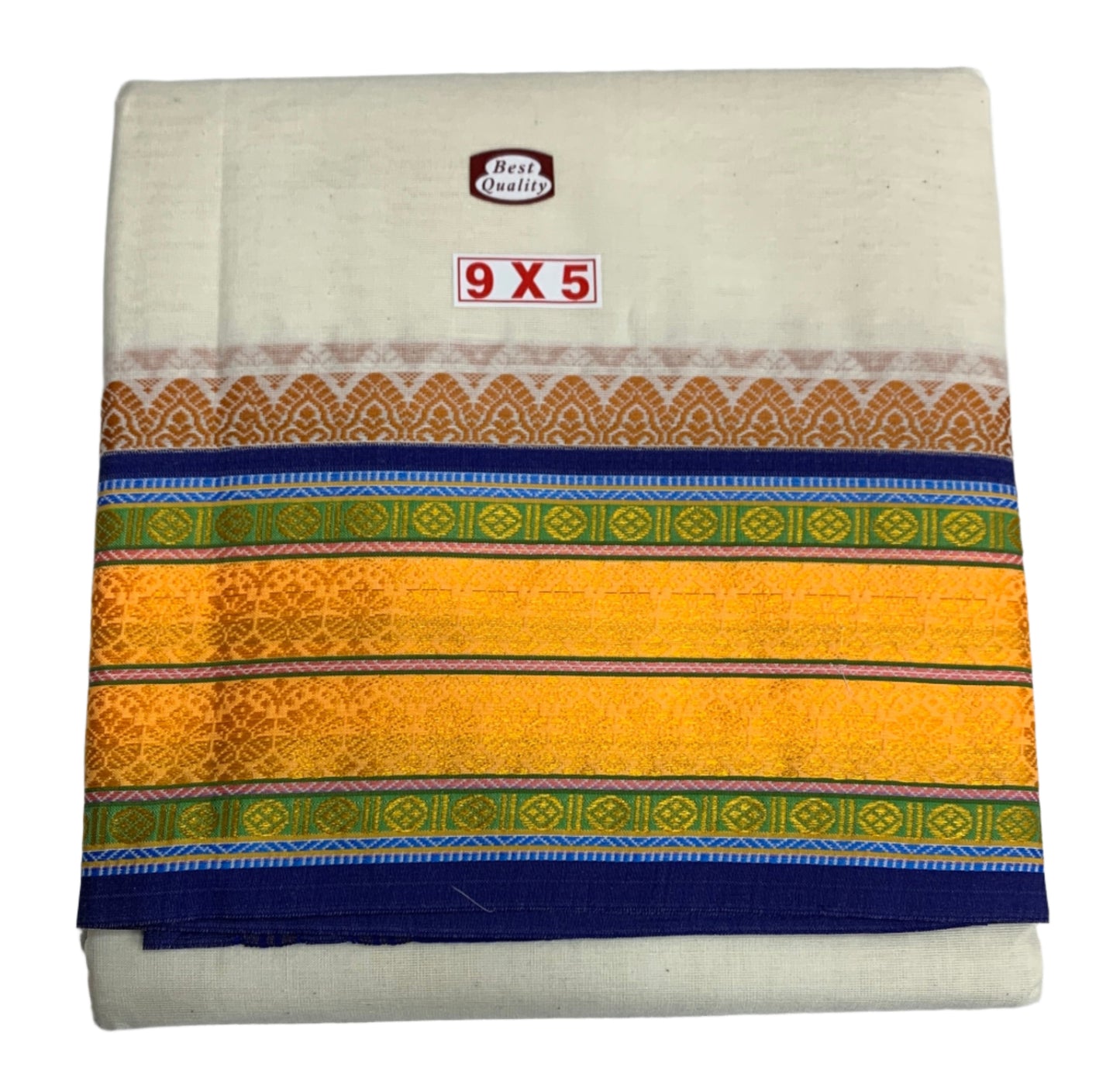 9X5 Cotton Unbleached Dhoti with Angavastram with Multi Colour Border