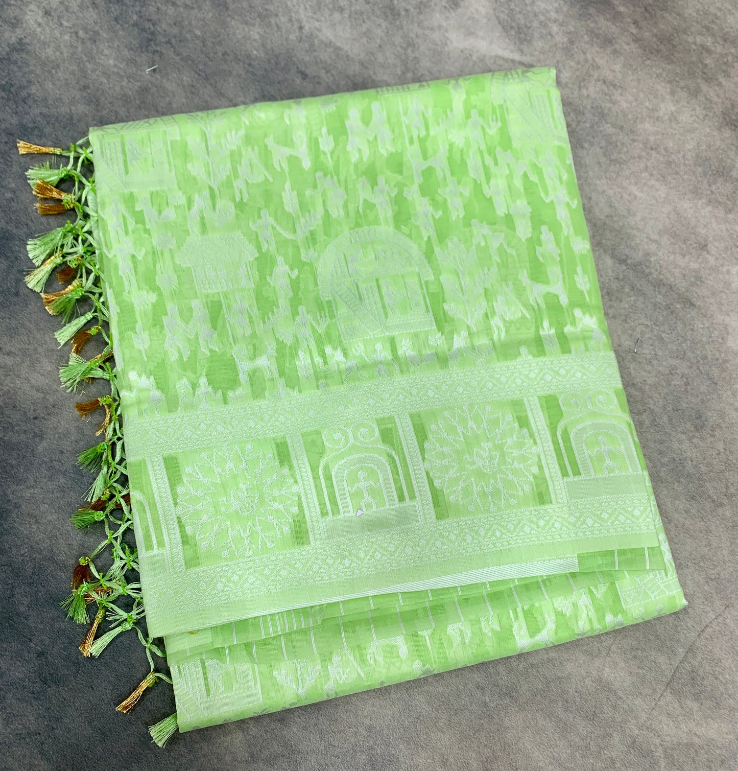 Banaras Katan Saree Apple Green Colour with Katan Work Border