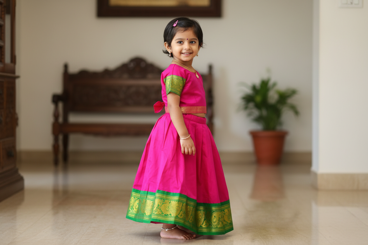 Pink Shade Pure Kanchipuram Kids Pattu Pavadai with Contrast Border for age 2 to 5