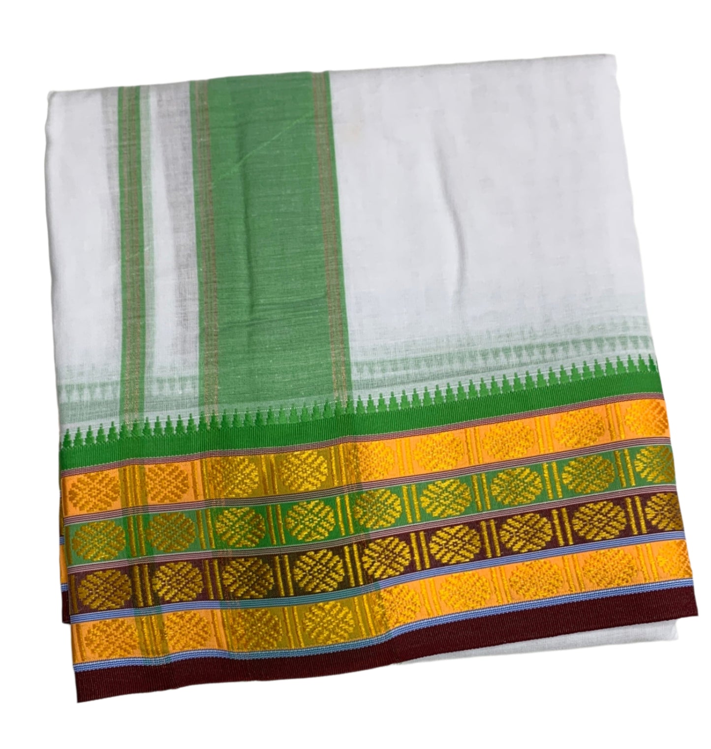 9X5 Cotton Dhoti White Yellow, Brown and Green Border with Angavastram