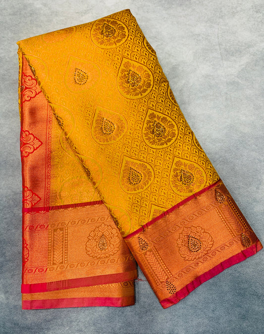 Vegan Silk Saree Yellow Colour with Copper and Pink Border