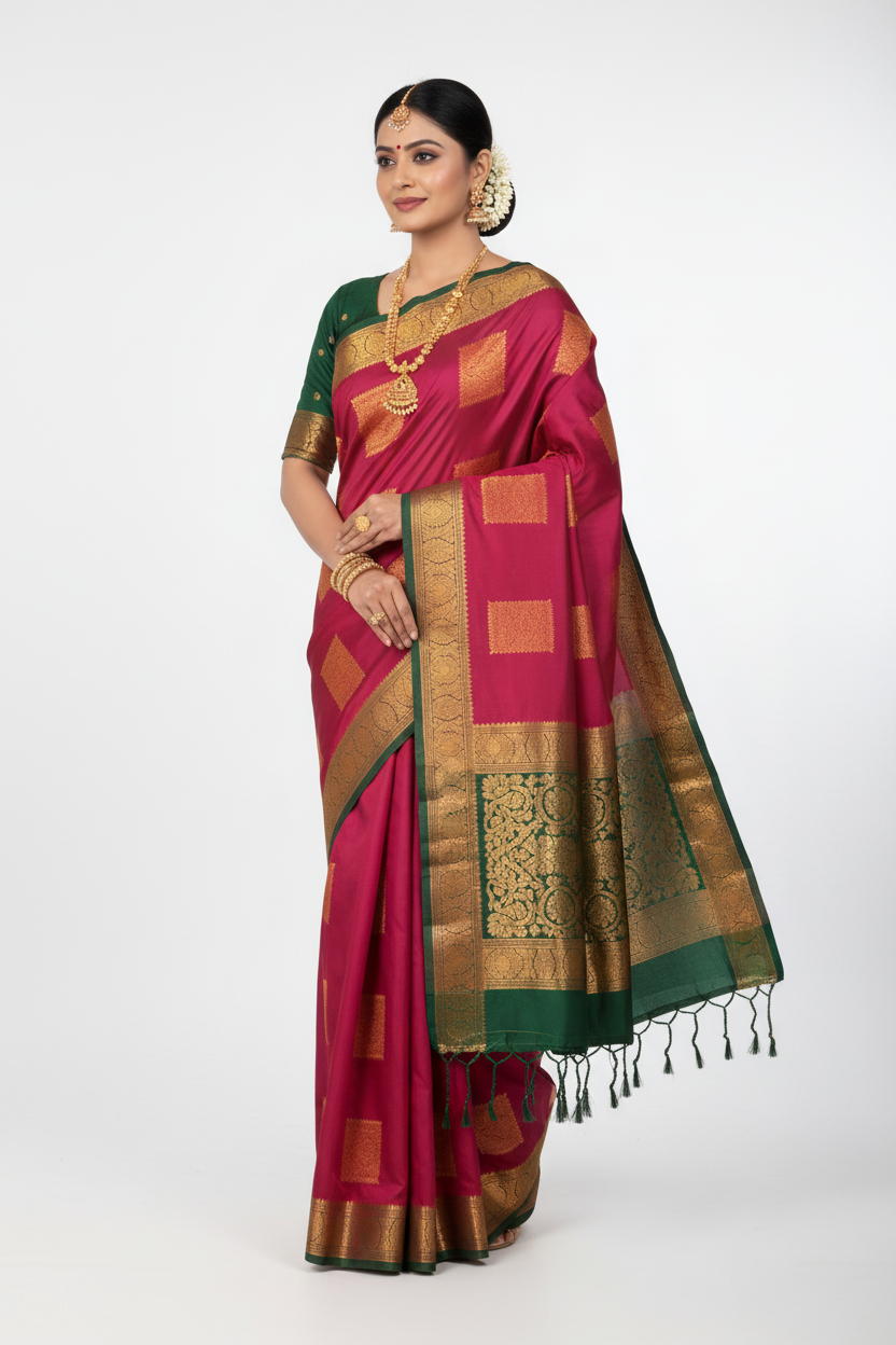 Soft Vegan Silk Saree Maroon Colour with Green and Copper Border