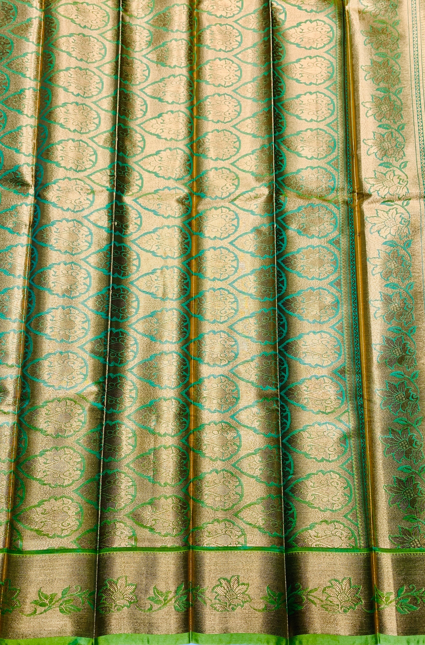 Vegan Silk Saree Rama Green Colour with Copper and Light Green Border