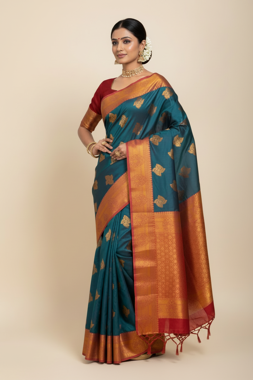 Soft Silk Casual Saree Navy Blue Colour with Maroon and Golden Colour Border