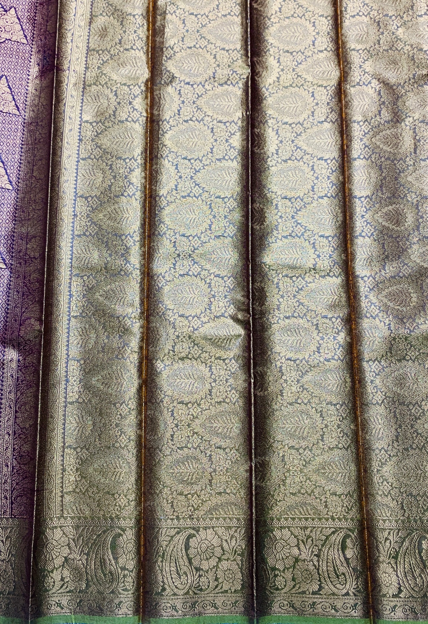 Vegan Silk Saree Maroon Colour with Copper and Olive Green Border