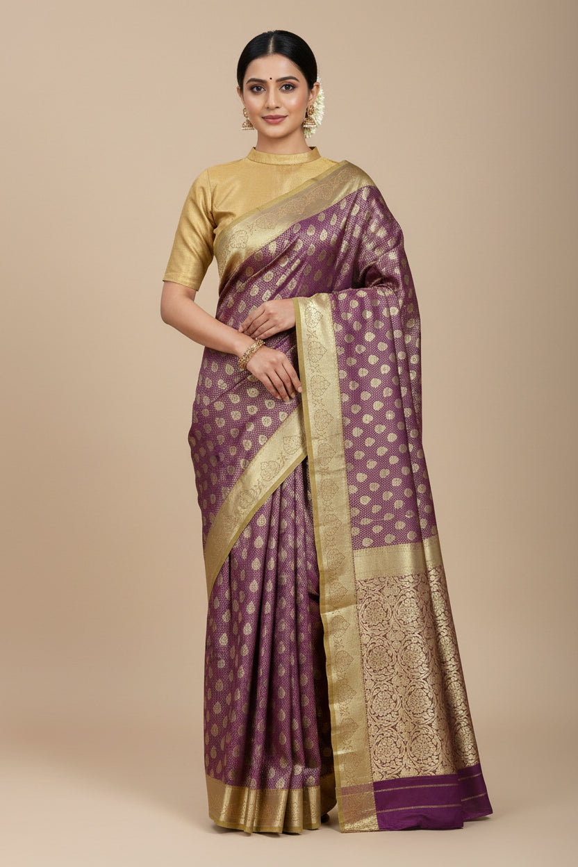 Vegan Silk Saree Maroon Colour with Golden Yellow Copper Border