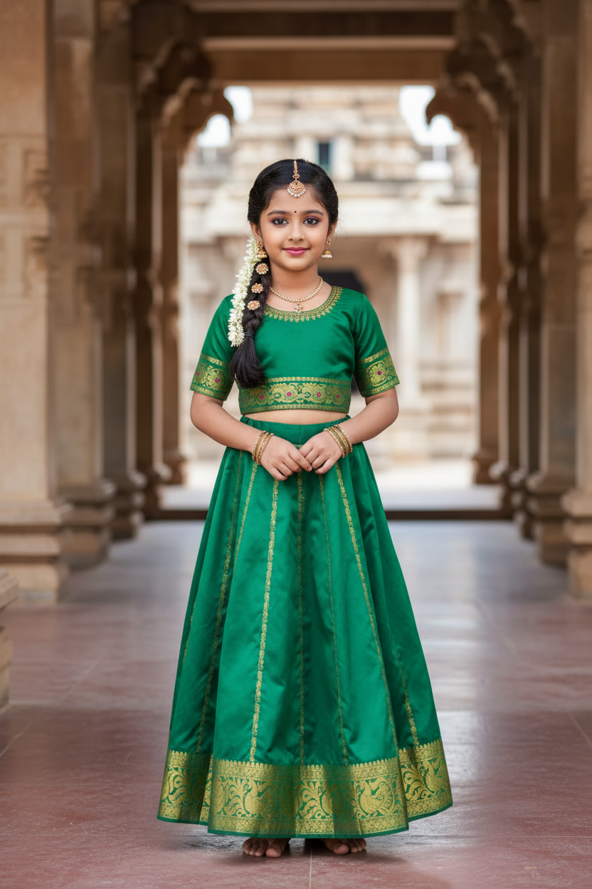 Green shade Semi Silk Kids Pattu Pavadai with Self Border for age above 10 years