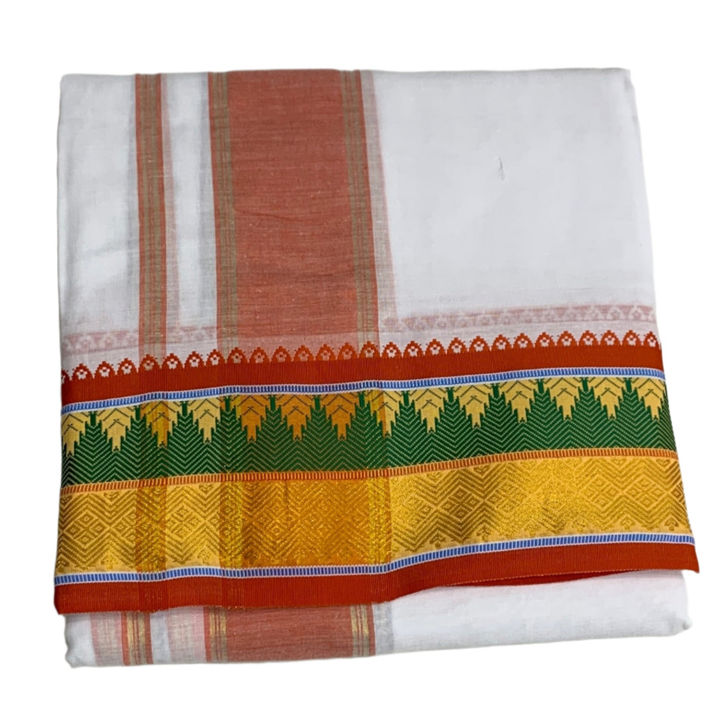 9X5 Cotton Dhoti White Green and Yellow Border with Angavastram