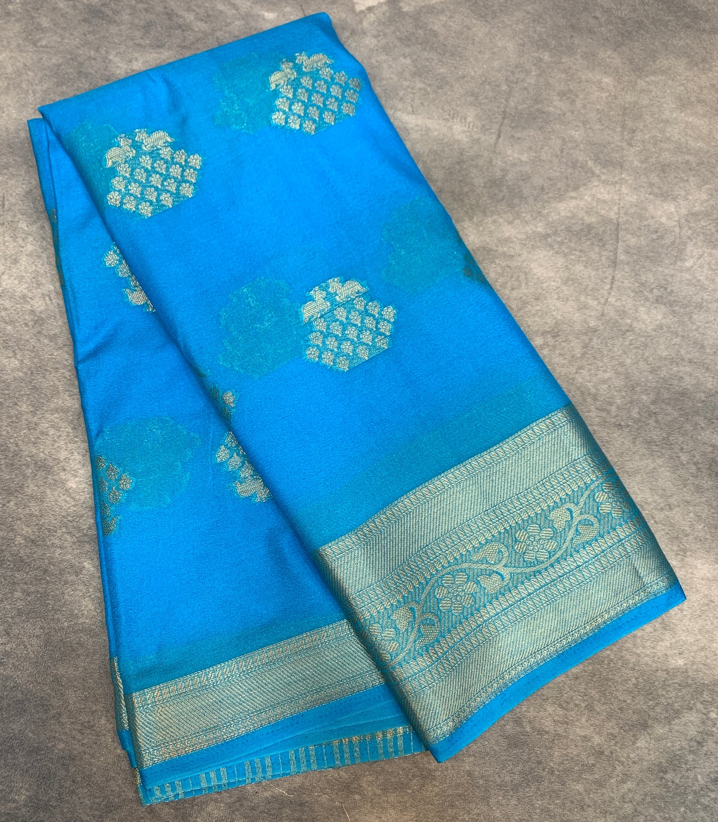Crepe Saree Light Sky Blue Colour with Sliver Zari work Border