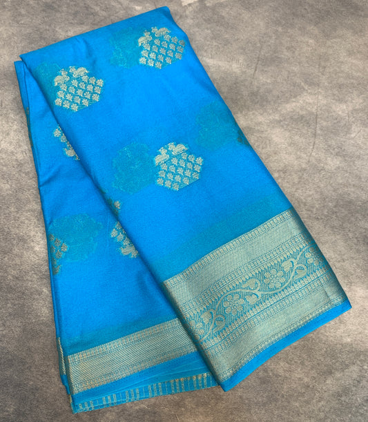 Crepe Saree Light Sky Blue Colour with Sliver Zari work Border
