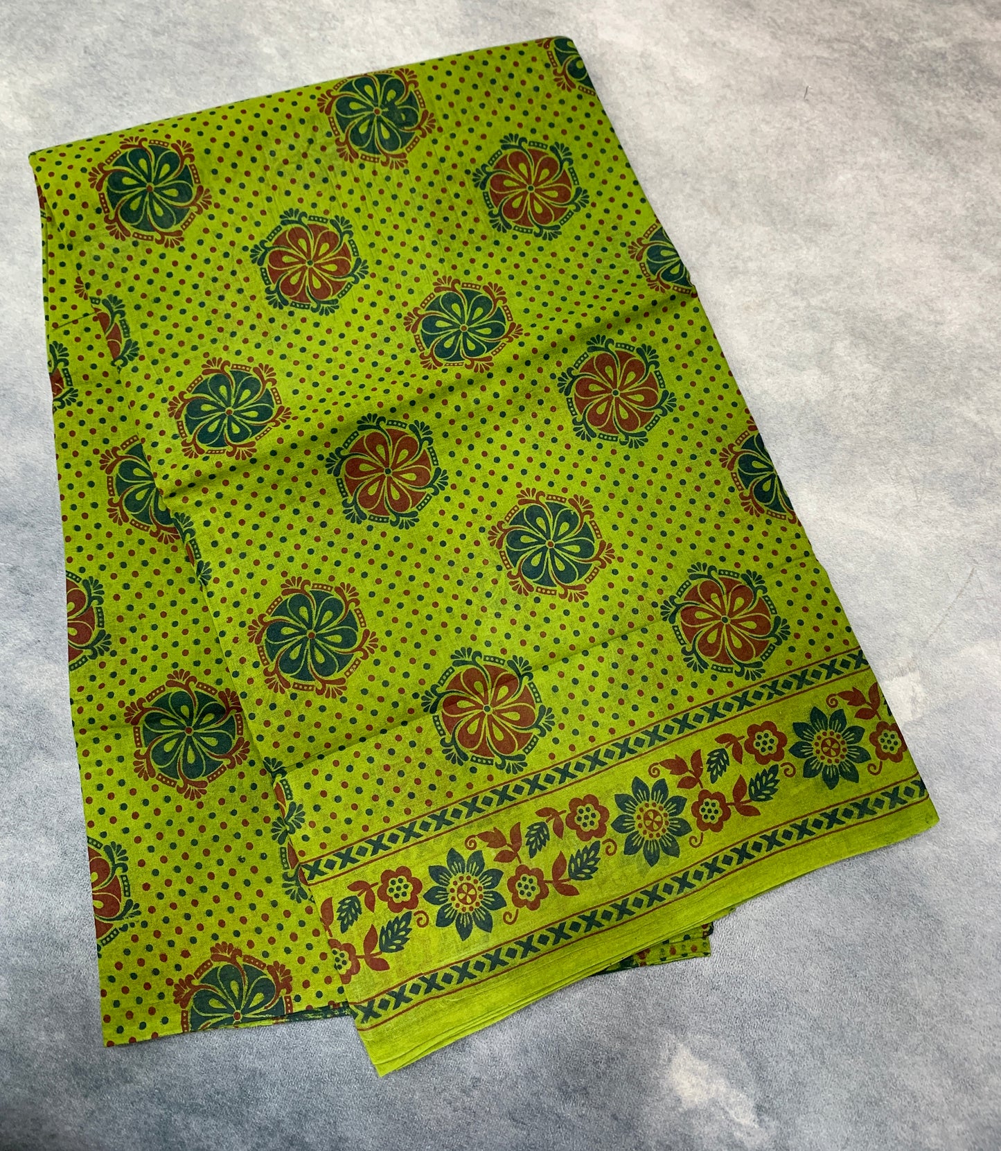 Chettinad Sungudi Cotton Olive Green Colour with Floral Design Border